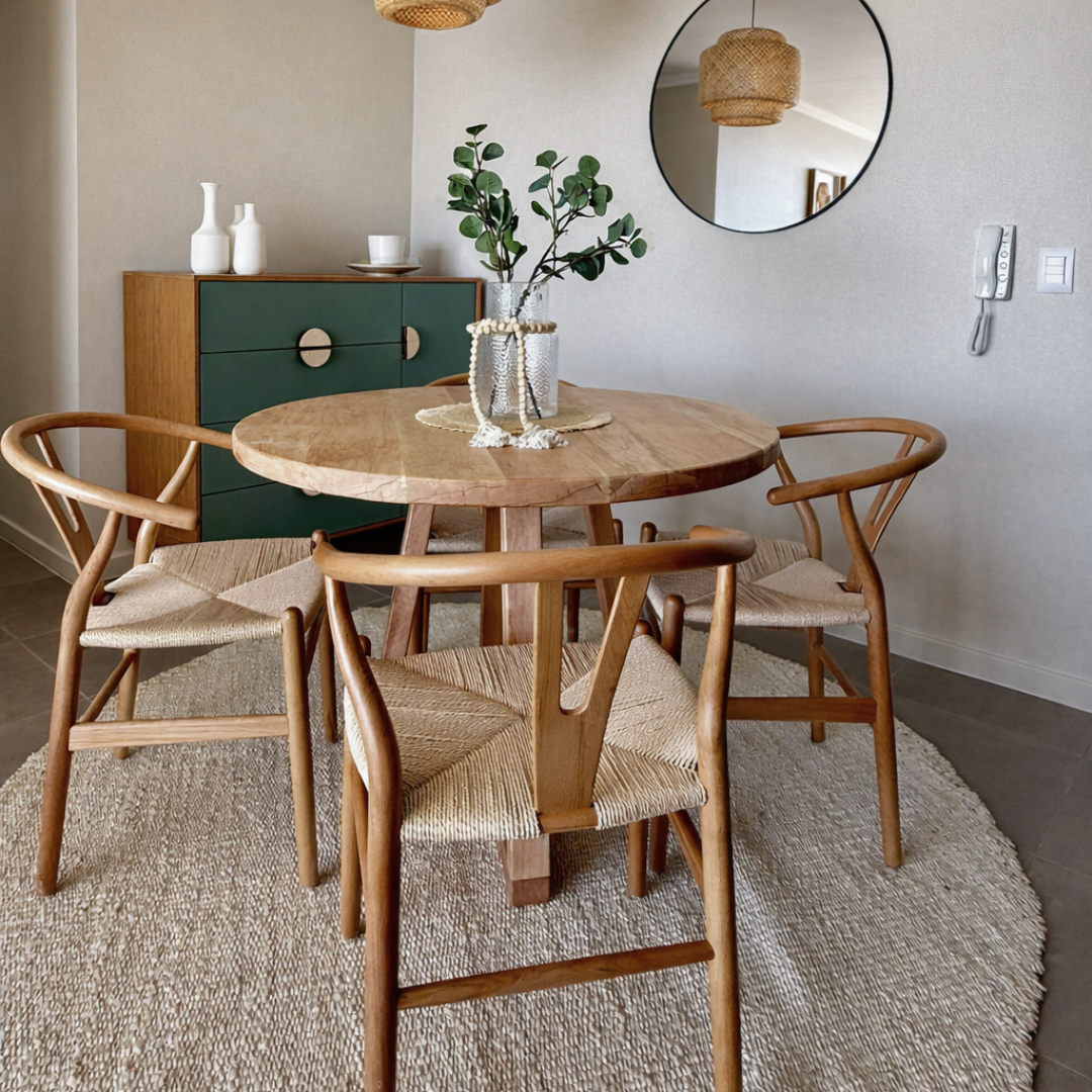Juego de Comedor Redondo en Madera Nativa de Lenga con 4 Sillas Wishbone