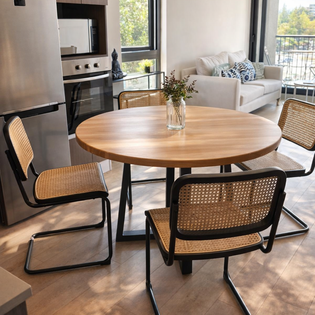 Mesa de Comedor Redonda de Madera Nativa y Fierro (4 a 8 personas)