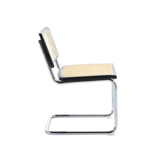 Silla de Comedor Breuer en Madera Negra con Asiento de Rattan y Estructura Cromada