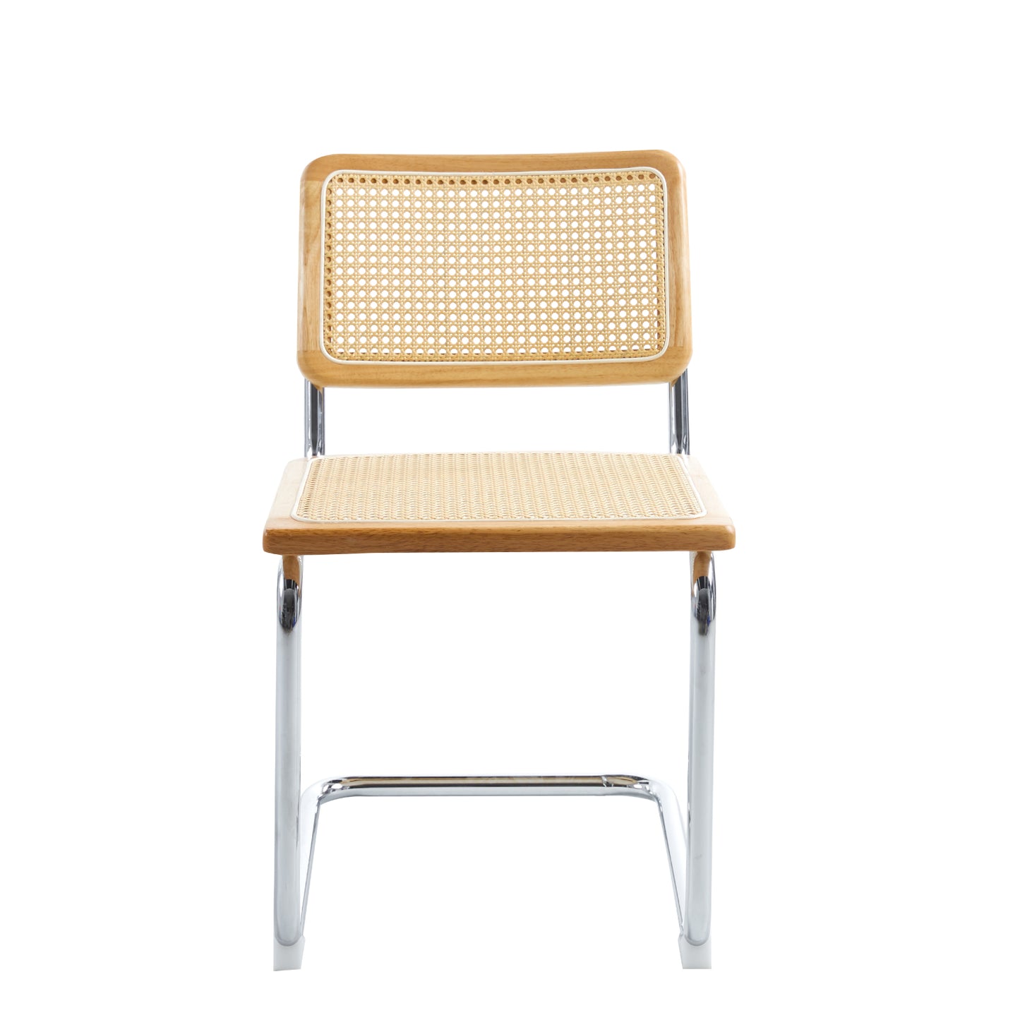 Silla de Comedor Breuer en Madera Natural con Asiento de Rattan y Estructura Cromada